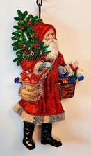 VICTORIAN SANTA in RED COAT w SWEETS & TREE Glitter CHRISTMAS ORNAMENT * Vtg Img