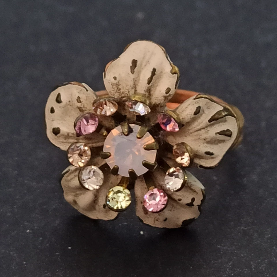 Michal Negrin Ring Romantic Pastel Pink 3D Flower With Swarovski Crystals Shabby - Image 4 of 4