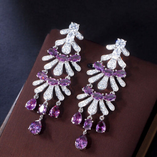 Classy Purple Cubic Zirconia Long Dangle Drop Earrings White Gold Plated CZ Gift - Picture 1 of 7