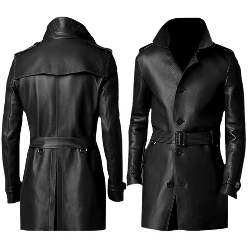 Herren Teltino Echtleder langer Trenchcoat Jacke verstellbarer Gürtel schmal - Bild 1 von 5