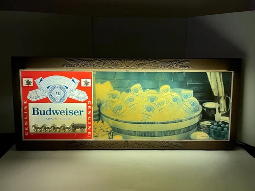 Vintage Budweiser King of Beer Clydesdale Horses Cans on Ice Light Sign 33x14"