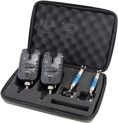2 x Carp Fishing Bite Alarm and illuminated Swinger. Blue LED alarm & Swingers