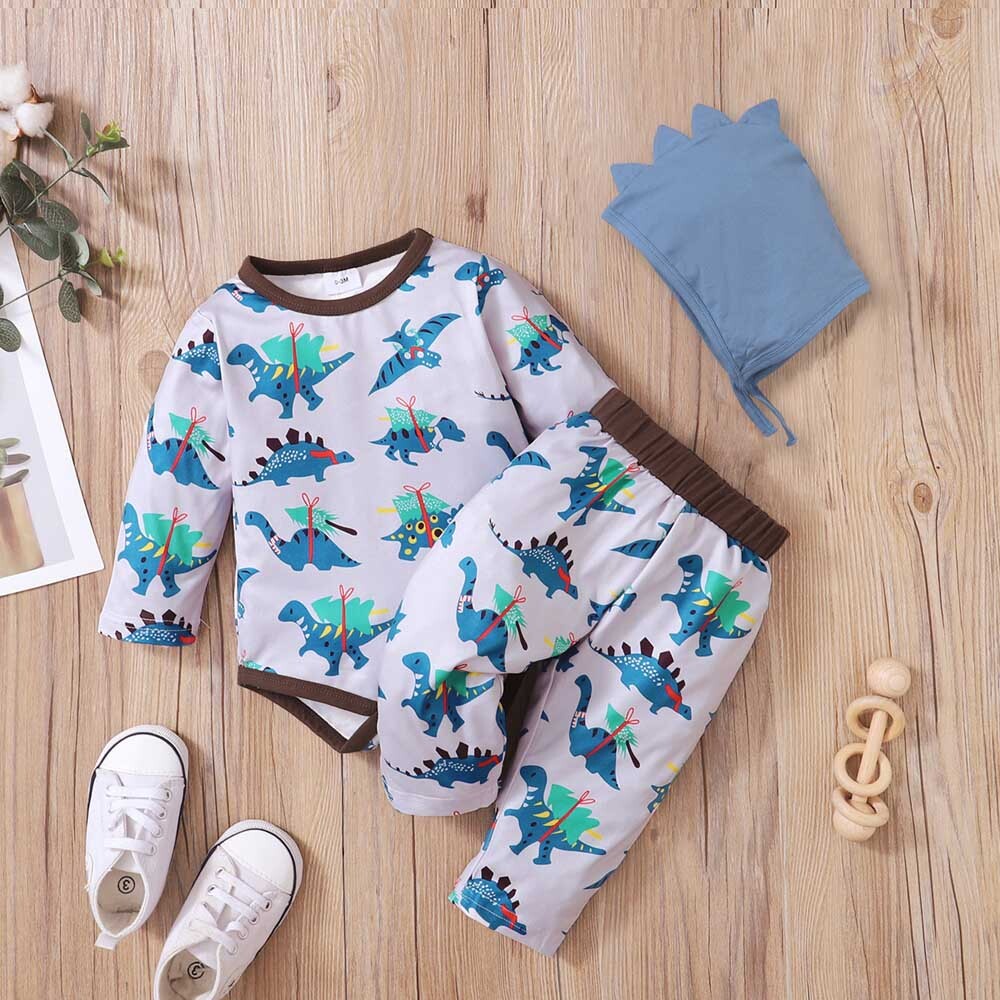 3Pcs Newborn Baby Boy Dinosaur Long Sleeve T-shirt Tops+Pants Outfits  Clothes