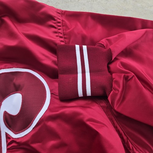 Vintage 80s Size 48 Philadelphia Phillies Baseball Bomber Jacket Satin Red #50 - Picture 8 of 13