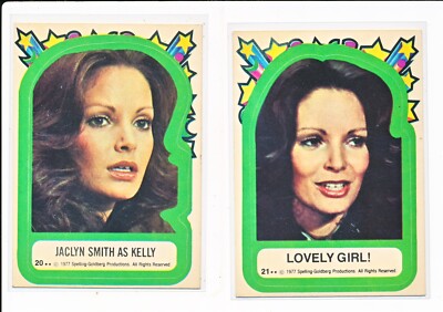 1977 Topps Charlie's Angels Sticker #20 Lovely Girl & #21 Jacyln Smith as Kelly
