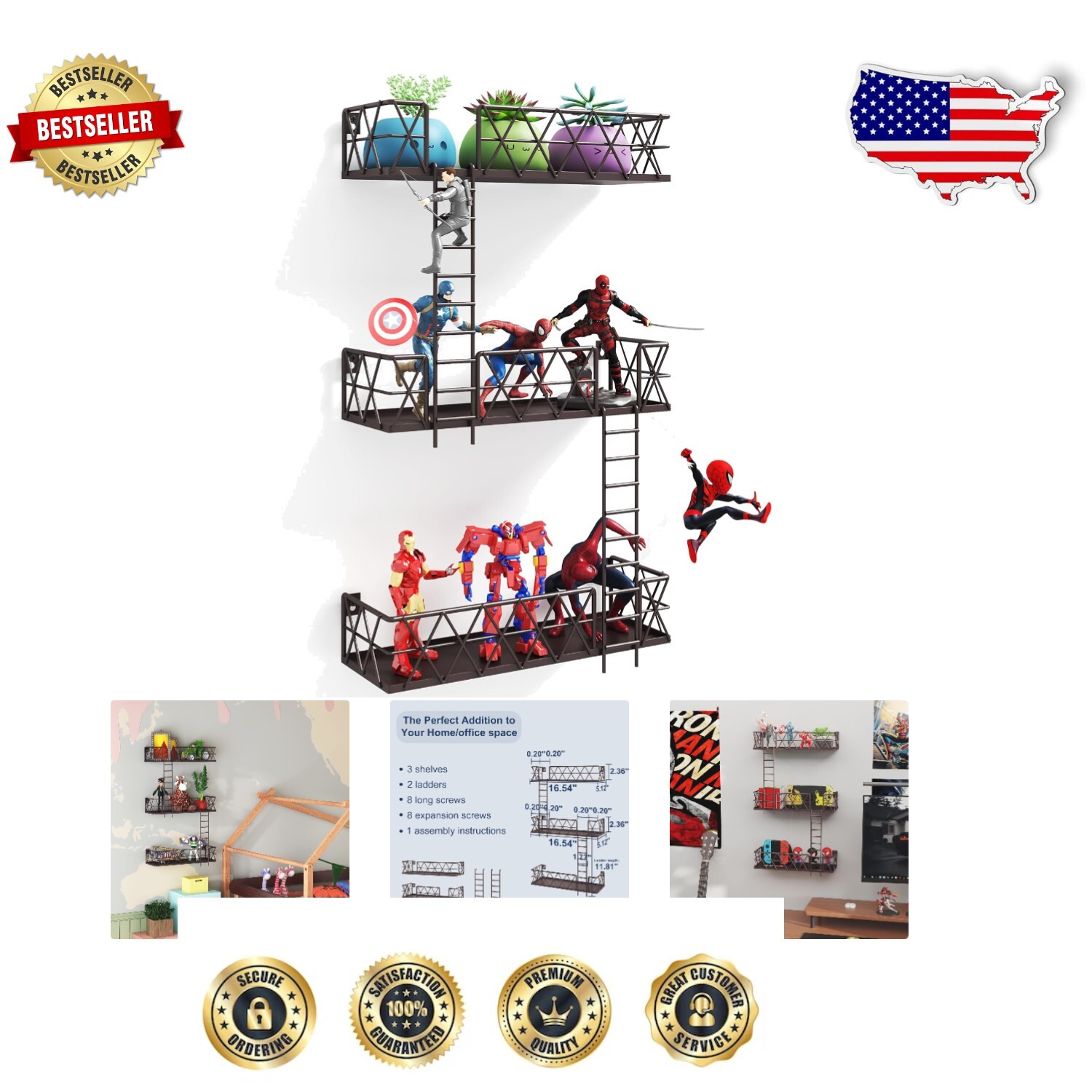 Vintage Fire Escape Wall Shelf - 3-Tier Floating Shelf for Collectibles & Decor