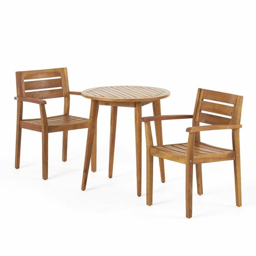 Brown Acacia Wood Frame 3 Piece Bistro Set Home Outdoor Furniture Garden Porch - Picture 3 of 8