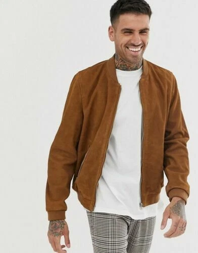 Tan Men's Suede Jacket Genuine Pure Sheepskin Bomber Custom Made Coat Jacket