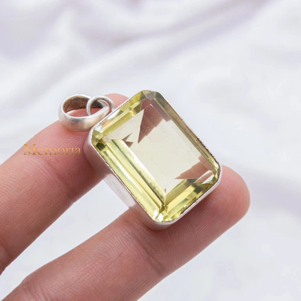 925 Sterling Silver Radiant Cut Lemon Quartz Gemstone Pendant Handmade Jewelry - Image 3 of 4