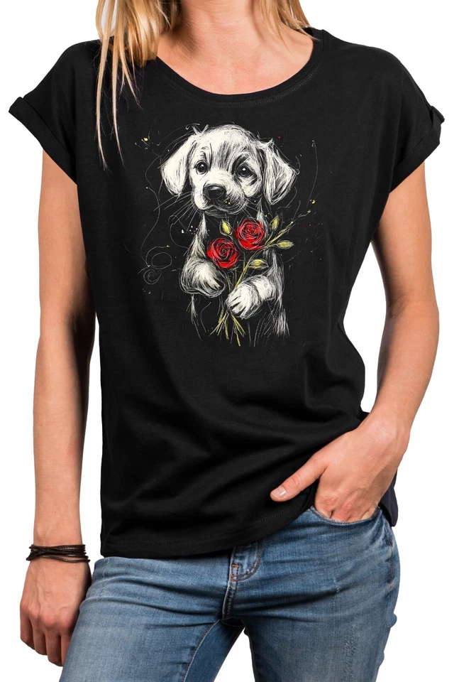 Damen Shirt mit Hundemotiv Hundefoto Hundedruck Hund Rose Drauf Hundekopf Blumen - Bild 1 von 1