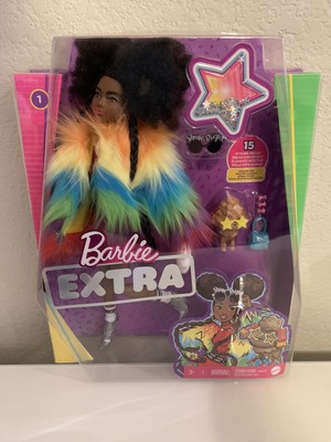 Barbie Extra Doll #1 Furry Rainbow Coat Pet Poodle Brunette Afro Puffs Free Ship