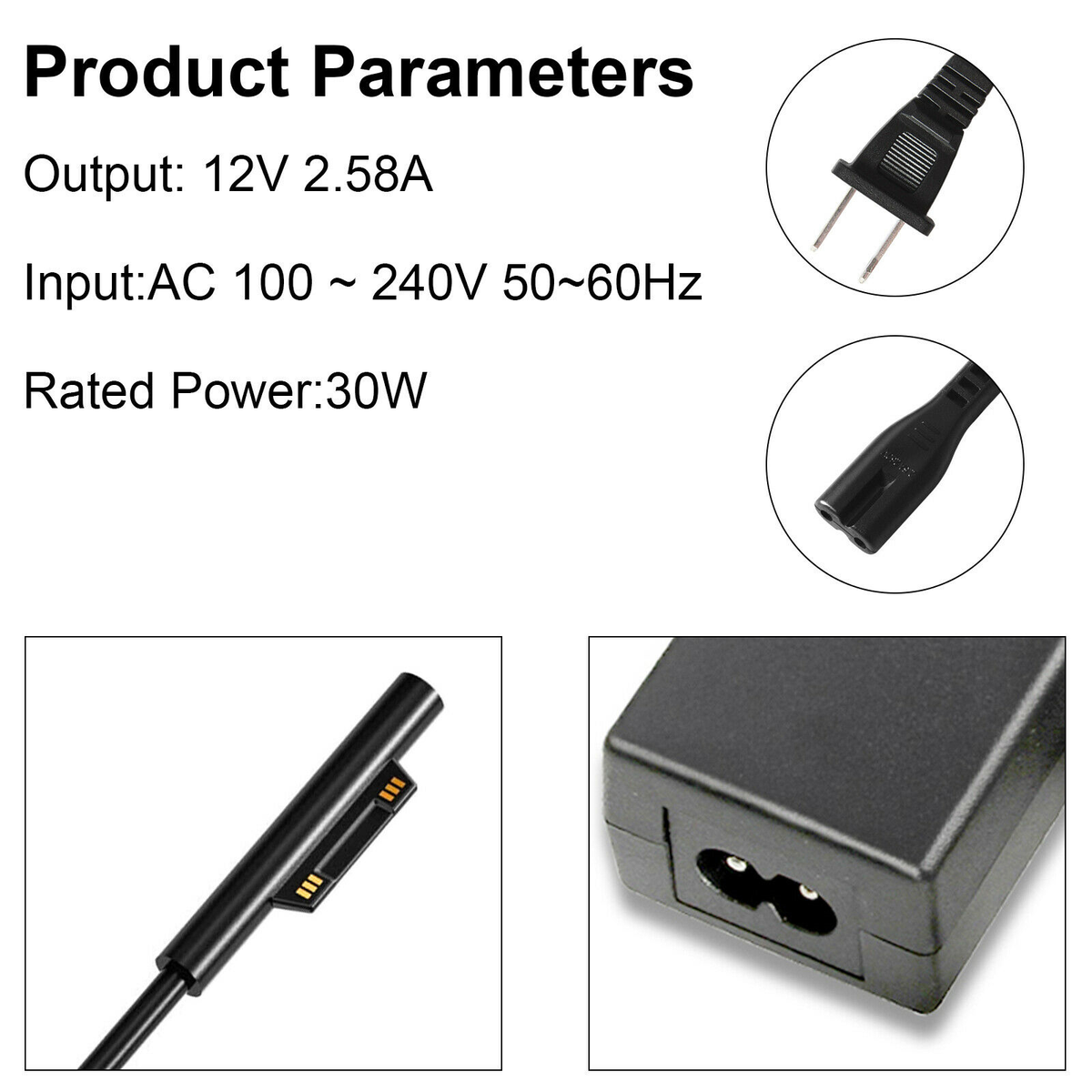 Adaptateur Secteur Pour Microsoft Surface Pro 3 4 5 Etc. - Occasion, 44W, 15V, 2.58A, Couleur Noire