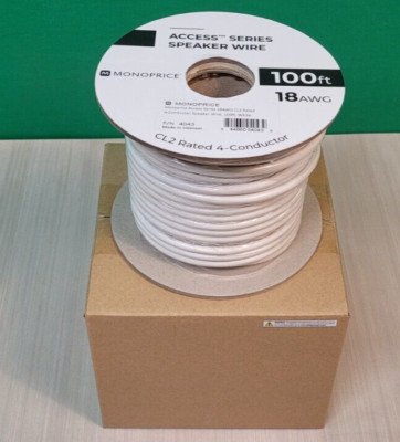 Monoprice Speaker Wire, CL2 Rated, 4-Conductor, 18AWG, 100ft, White NEW