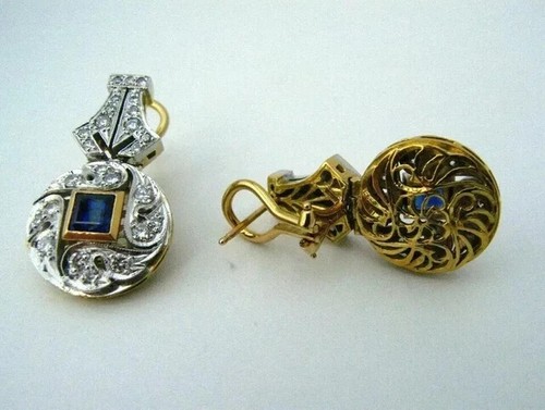 3Ct Princess Lab Created Sapphire Art Deco Dangle Earring 14K Yellow Gold Plated - Picture 3 of 6