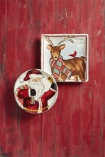 New Mud Pie Santa  Reindeer Platter Set - Santa 12  Dia Reindeer 13  x13  