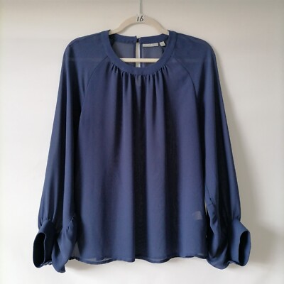 Halogen Womens Blue Crew Neck Long Balloon Sleeve Blouse Top Size Small
