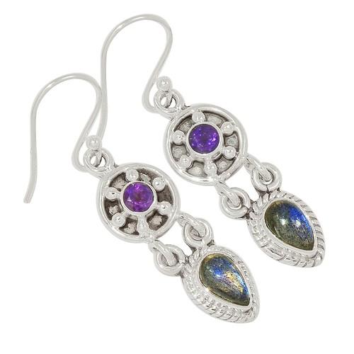 Lot De 3 Paires De Boucles D'oreilles Pendantes En Argent 925 - Serpent Avec Améthyste, Labradorite, Larimar - Neuf