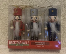3 Pc 2015 Deck The Halls NUTCRACKER Wood Ornaments 4" - NEW