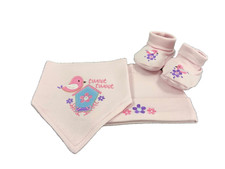 Baby Erstlingsset, 3Teile,Mütze, Dreieckstuch,Schuhe,rosa,bestickt,Klettverschl.