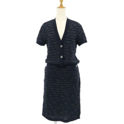 CHANEL Robe Tricot À Manches Courtes Femme Taille 38 Bleu Marine COCO MARK - Photo 1/4