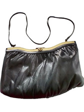 Vintage Mardane Black Clutch Handbag with Strap, Gold Tone Trim