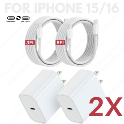 2X For iPhone 15 Pro Max 16 Plus PD 20W Fast Charger Block Type C To USB C Cable