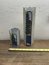 SIGNED WILD ROSE Gray  GLAZE w/Raised Lake & Trees  pair of Vases