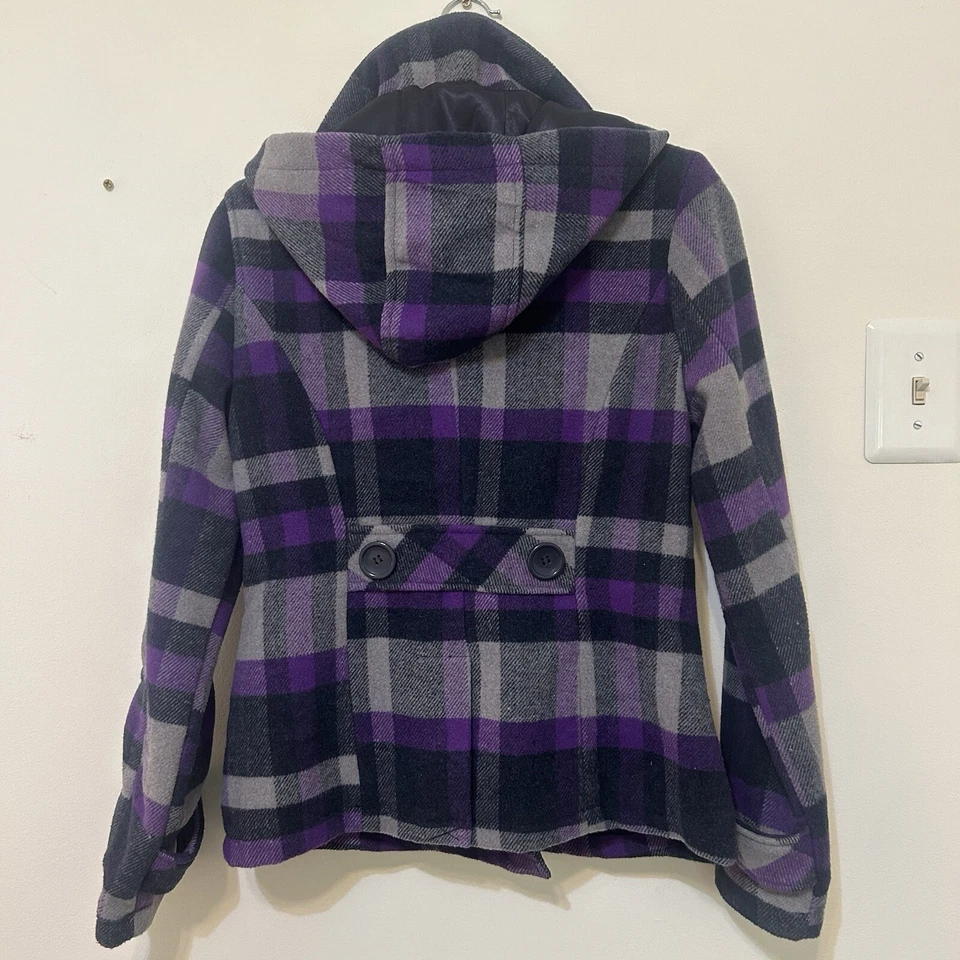 Abrigo de mujer a cuadros mezcla de lana chaqueta con capucha doble botonadura púrpura pequeño Foto 2 de 4