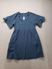 Old Navy Crinkle Gauze Women Swing Dress S Navy Blue Split V Neck Comfort Casual
