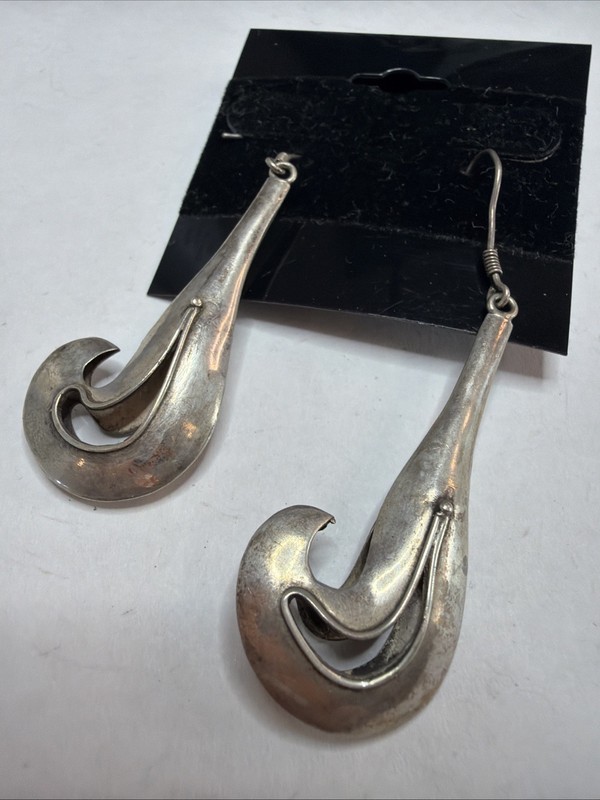Vintage Taxco Style Sterling Silver Calla Lily Wave Swirl Dangle Earrings C36