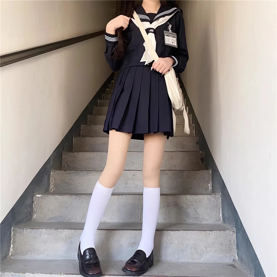 Vestido uniforme falda plisada azul marino marinero uniforme escuela japonesa niñas Foto 3 de 4