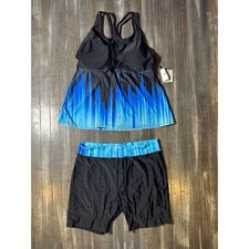 New Womens Blue Ombre Tankini Swimsuit Set Lace Up Top Boy Shorts 2 Piece