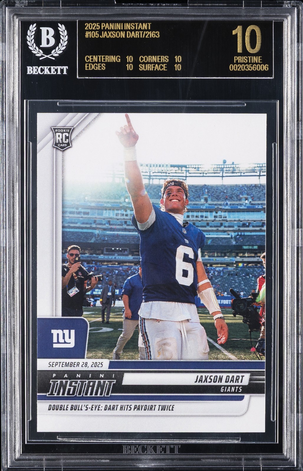 2025 PANINI INSTANT #105 JAXSON DART ROOKIE RC BGS 10 BLACK LABEL