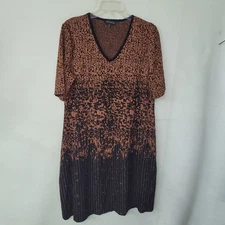 Ming Wang Dress Medium Brown Black Print Knit V Neck Short Sleeve Designer