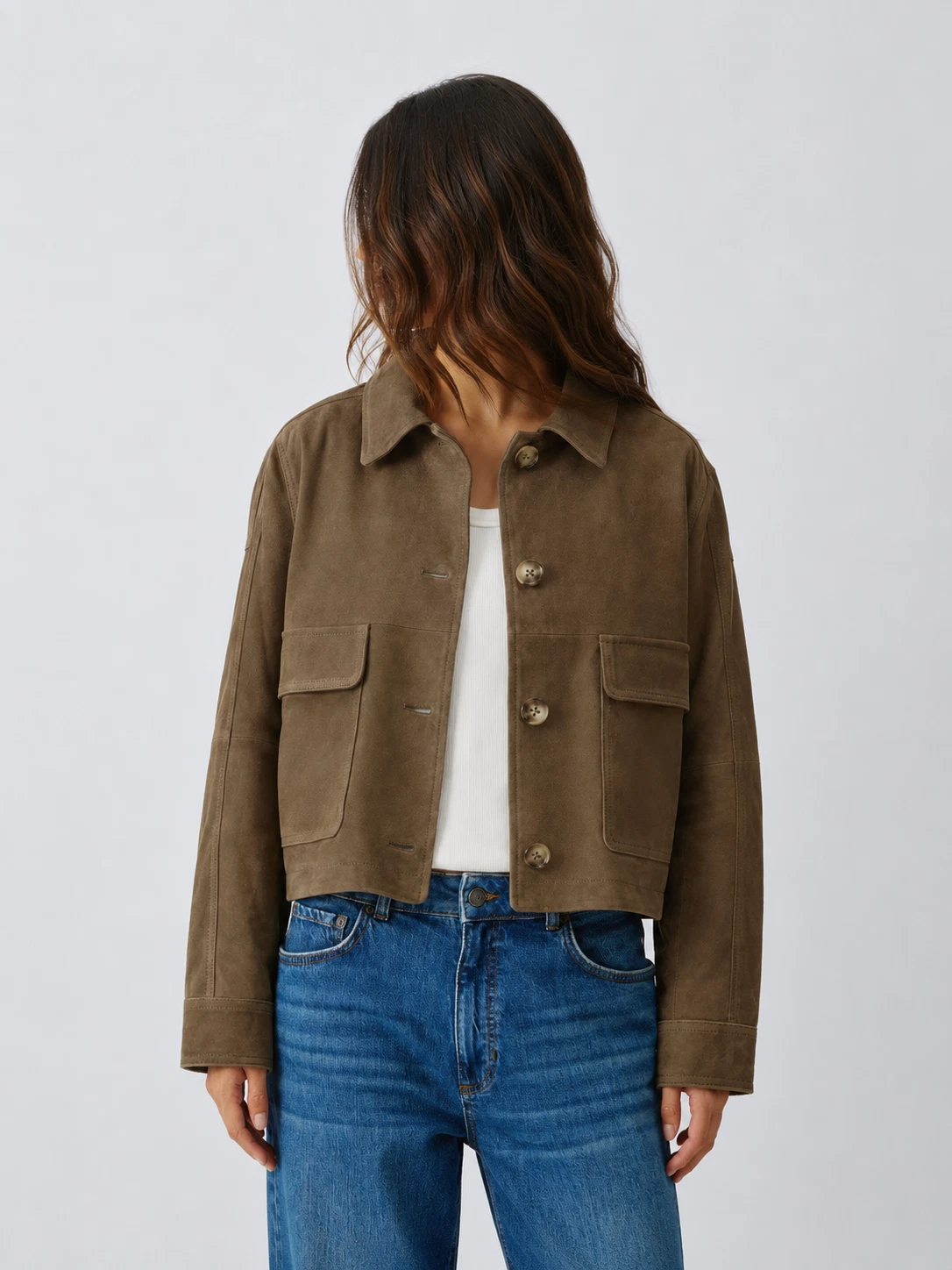 Cropped Suede Utility Jacket in Walnut Brown
