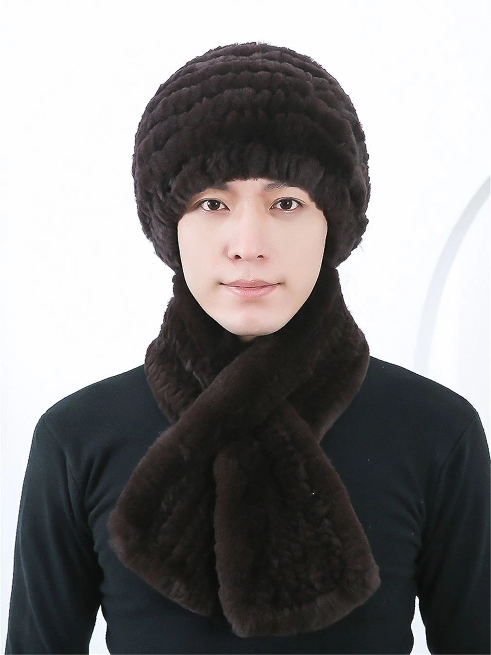 100% Real Rabbit Fur Hat and Scarf Thicken Winter Warm Knitted Cap for Men