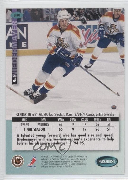 1994-95 Parkhurst SE Gold Parkie Rob Niedermayer #SE68 - Image 2 of 2