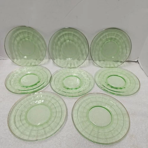 Anchor Hocking Block Optic Green Depression Uranium Glass 6¼in Plates Set Of 8