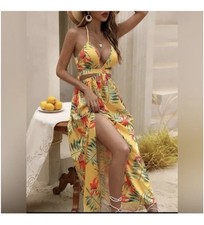 SHEIN VCAY Tropical Print Backless Knot Halter Neck Slit Thigh Small Dress NWT
