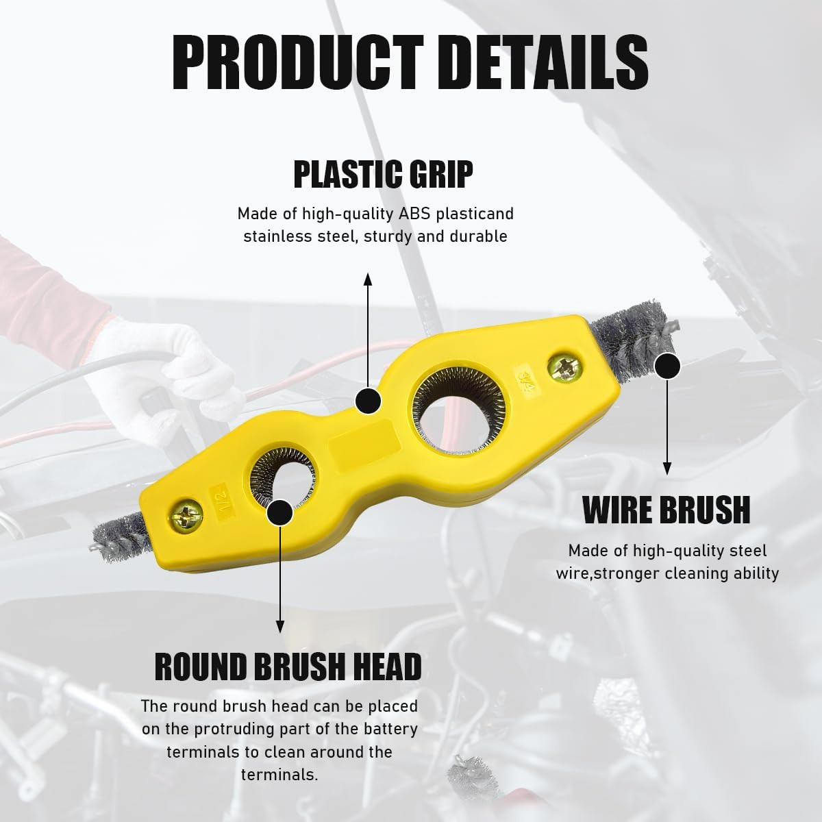Car Battery Terminal Cleaning Brush, 4 in 1 Steel Wire Brush Heads 1PC Yellow