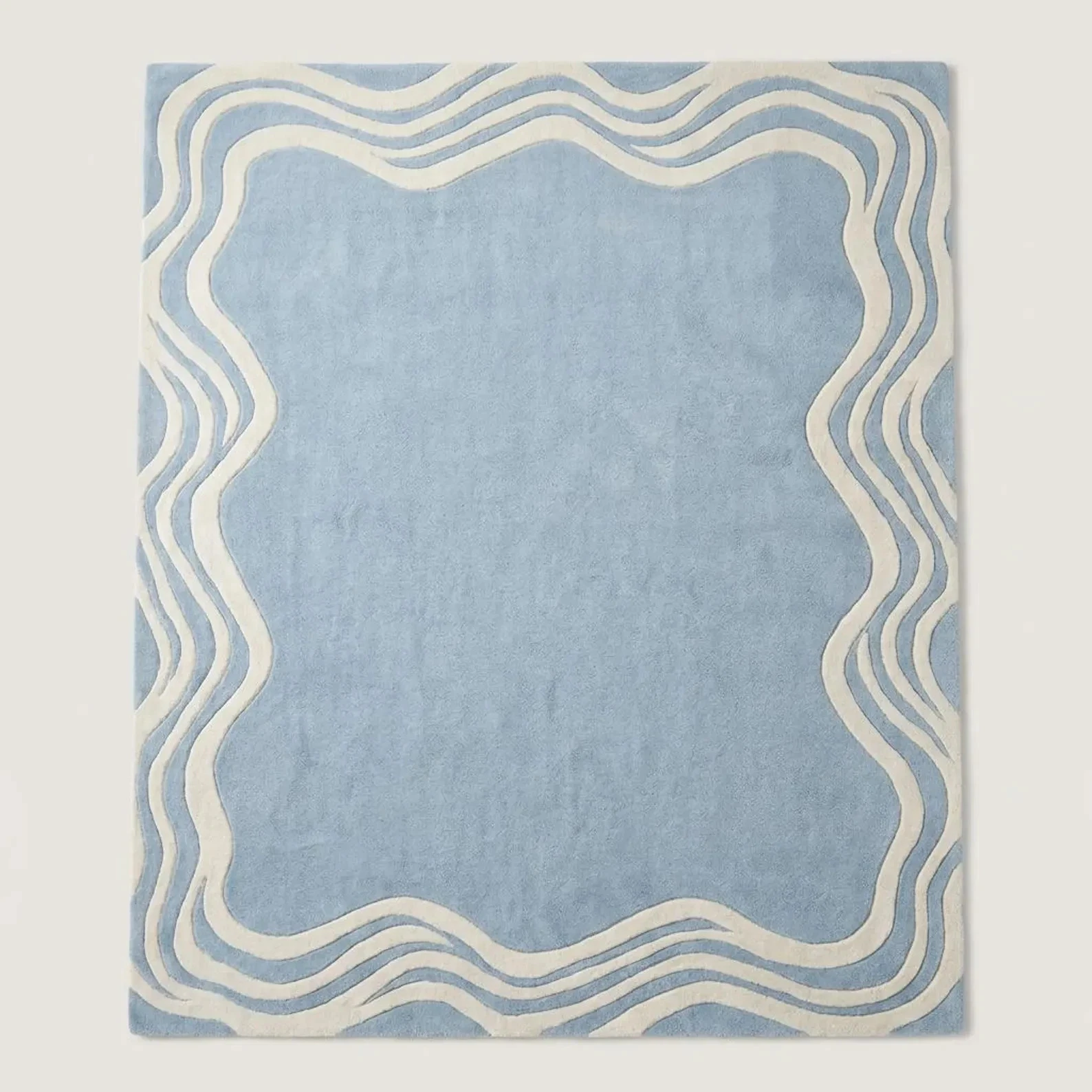 Modern Hand Tufted Wool Rug Blue Wavy Border Area Rug Minimal Abstract Carpet
