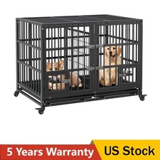 42"Heavy Duty Dog Crate,Large Metal Dog Kennel w/Removable Tray,2 Door Pet Cage