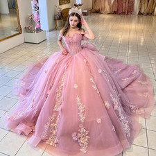 Pink Sweetheart 16 Quinceanera Dresses with Bow Applique Flower Prom Ball Gowns