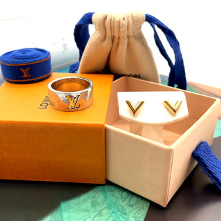 Auth Louis Vuitton SV Ring & GD Essential V Stud Earrings Wbox BSK 265118