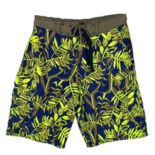Body Glove Bermuda Shorts Size 12 Blue Neon Floral Print Elastic Waist Unlined