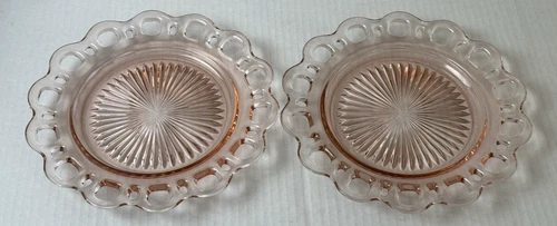 Hocking Glass Old Colony Lace Edge 8 1/4" Pink Luncheon Plates 1930s Depression
