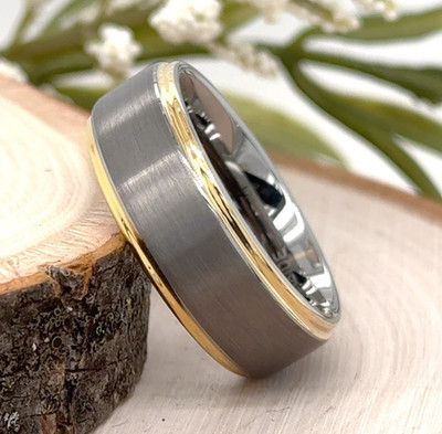 Brushed Silver & Gold Beveled Edges Stylish Band 8mm Modern Unisex Tungsten Ring