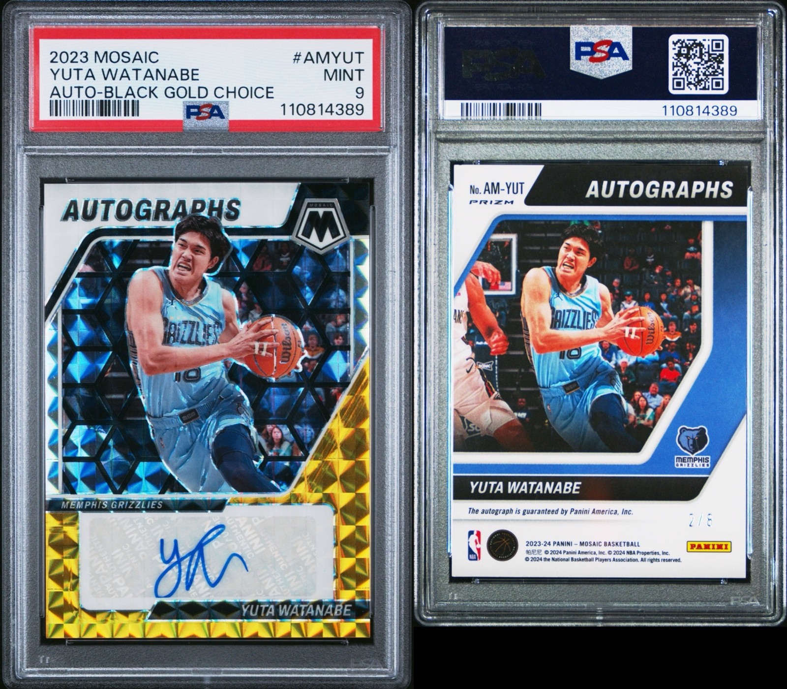 YUTA WATANABE 2023-24 Panini Mosaic Autographs Black Gold Choice 2/8 PSA 9 Mint view 3