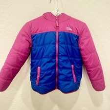 Eddie Bauer Puffer Jacket Girls 10/12 Pink Blue Hooded Winter Snow Warm Fleece