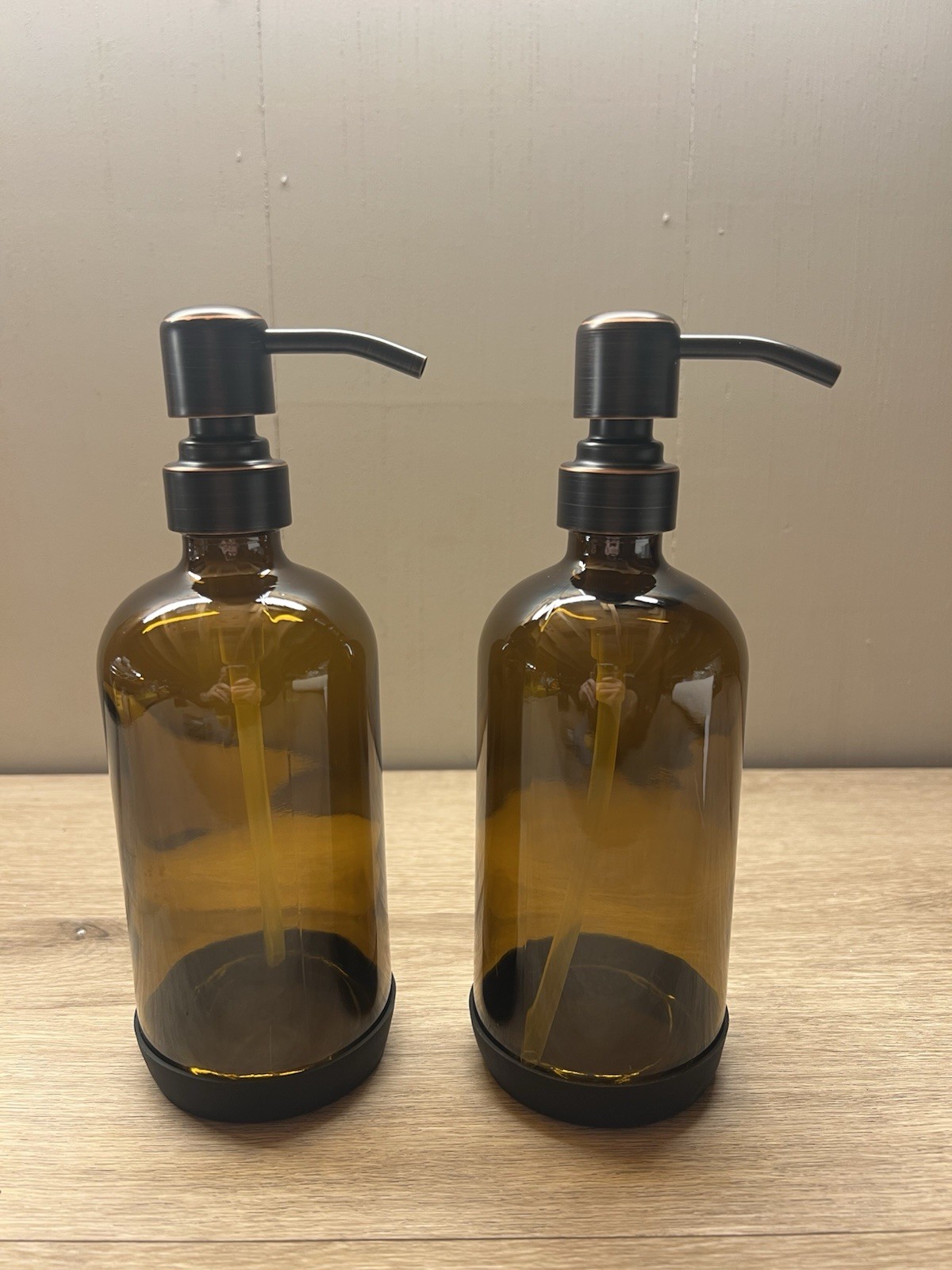 Amber Glass Soap Dispenser Kitchen/Bath, 2 Pack Brushed Bronze Tops New Open Box